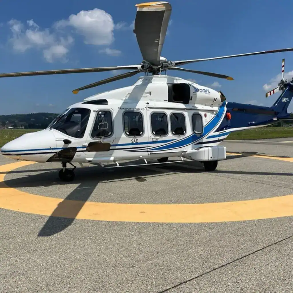 white helicopter with blue stripe on the ground