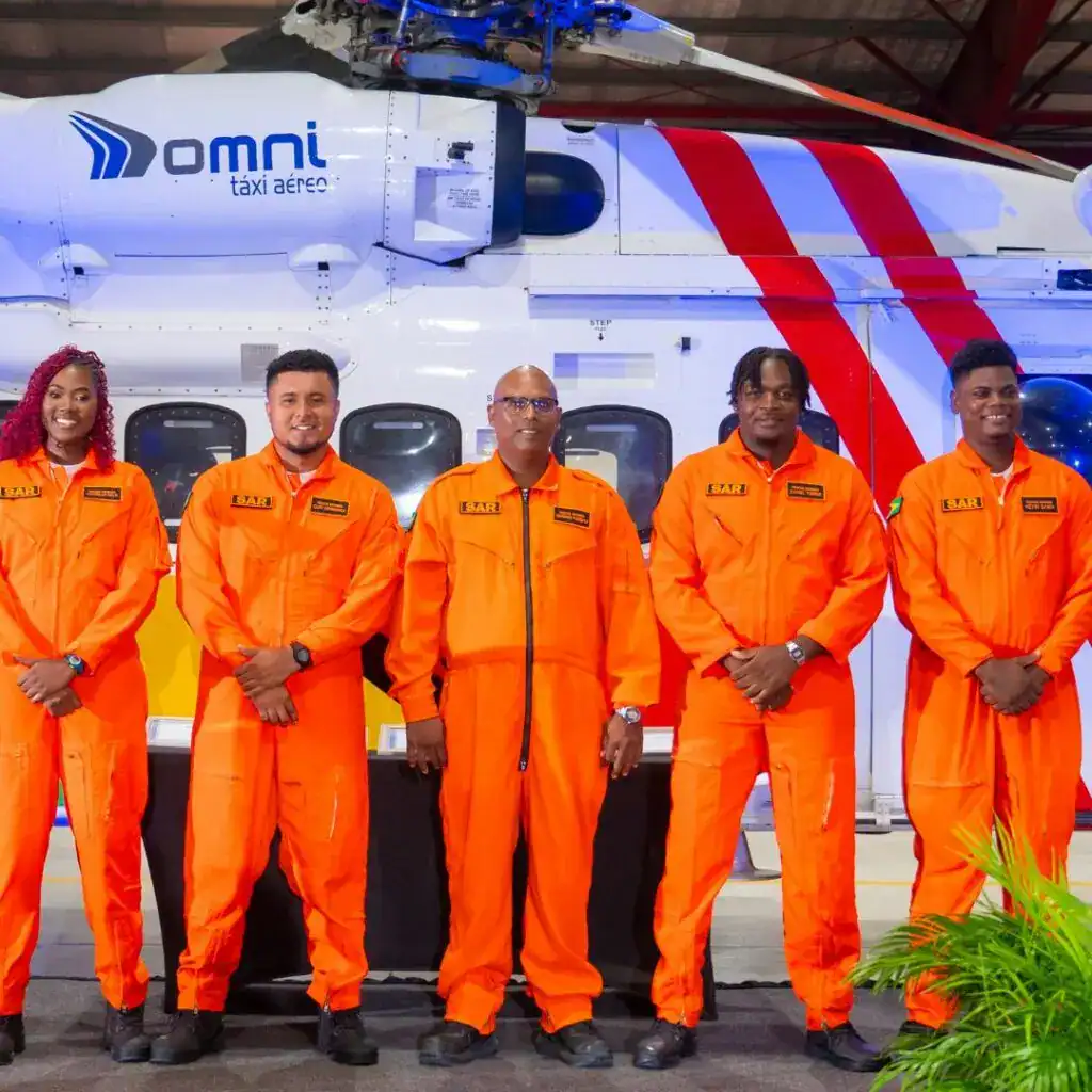 Group of helicopter pilots in orange jumpers