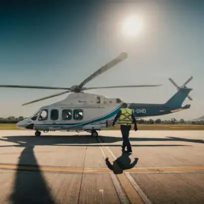 helicopter on the ground with sun in the sky